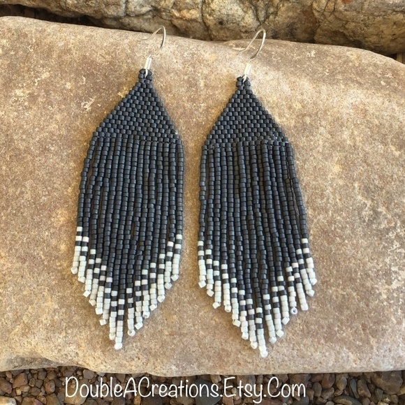 DARK Gray With Light Gray Tips Handmade Beaded Earrings,New, Handmade by Me - Picture 4 of 8